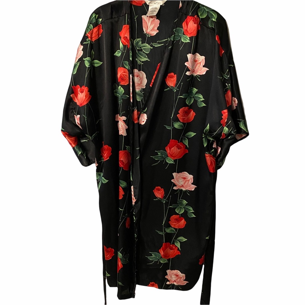 Plus Size Black Satin-like Robe with Tie Red Rose Floral Print XL